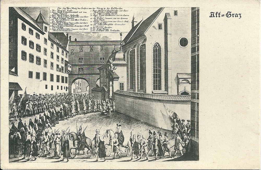 Prozessionszug Kaiser Karls VI. |  Kupferstich des Jacob Georg von Deyerlsperg |aus dem Erbhuldigungswerk von 1728